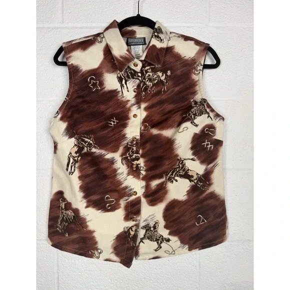 Vtg Roughrider Western Shirt Vest Cowboy Rodeo Print USA Medium Ranchcore - Picture 2 of 7